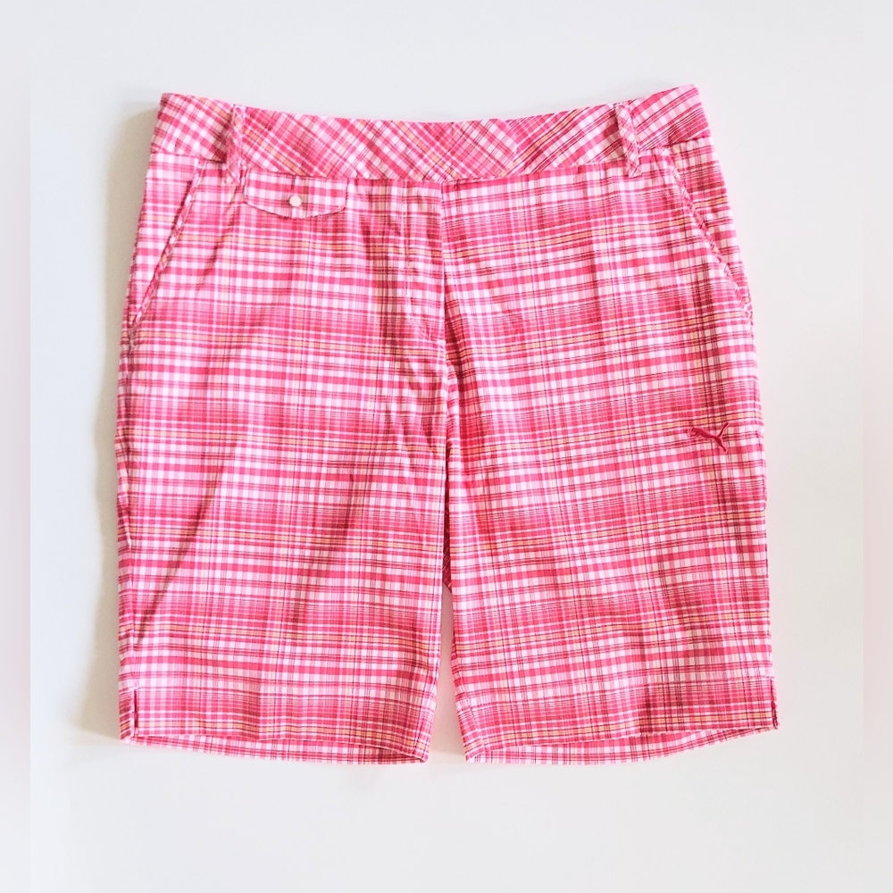 Puma Plaid Tech Bermuda Golf Shorts Pink White Plaid Size 12